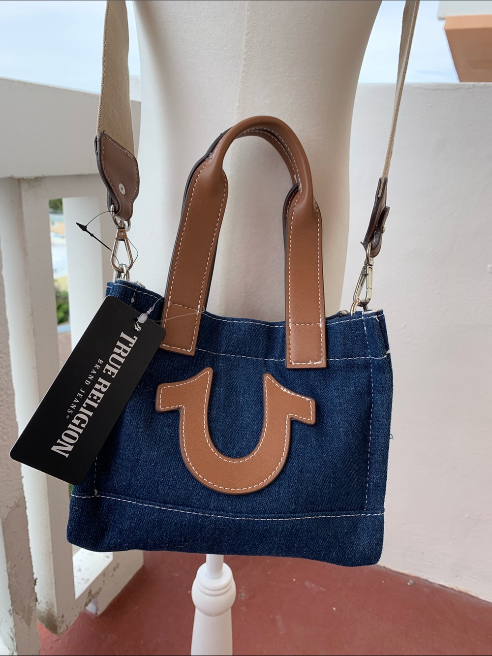 True Religion Blue Denim Mini Bag with Brown Leather Trim